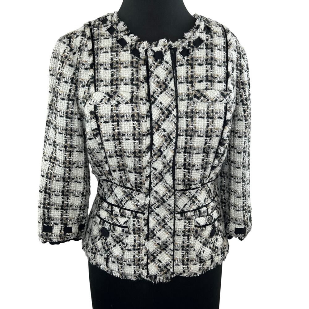 Anthropologie Elevenses White Black Checked Long Sleeve Poly-Wool Blazer Size 8